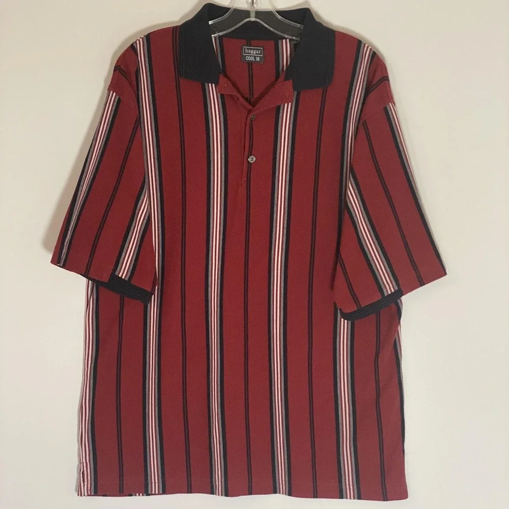 Haggar Polo Shirt Mens Large Red Striped Cotton Cool 18 Short Sleeve Casual Y2K
